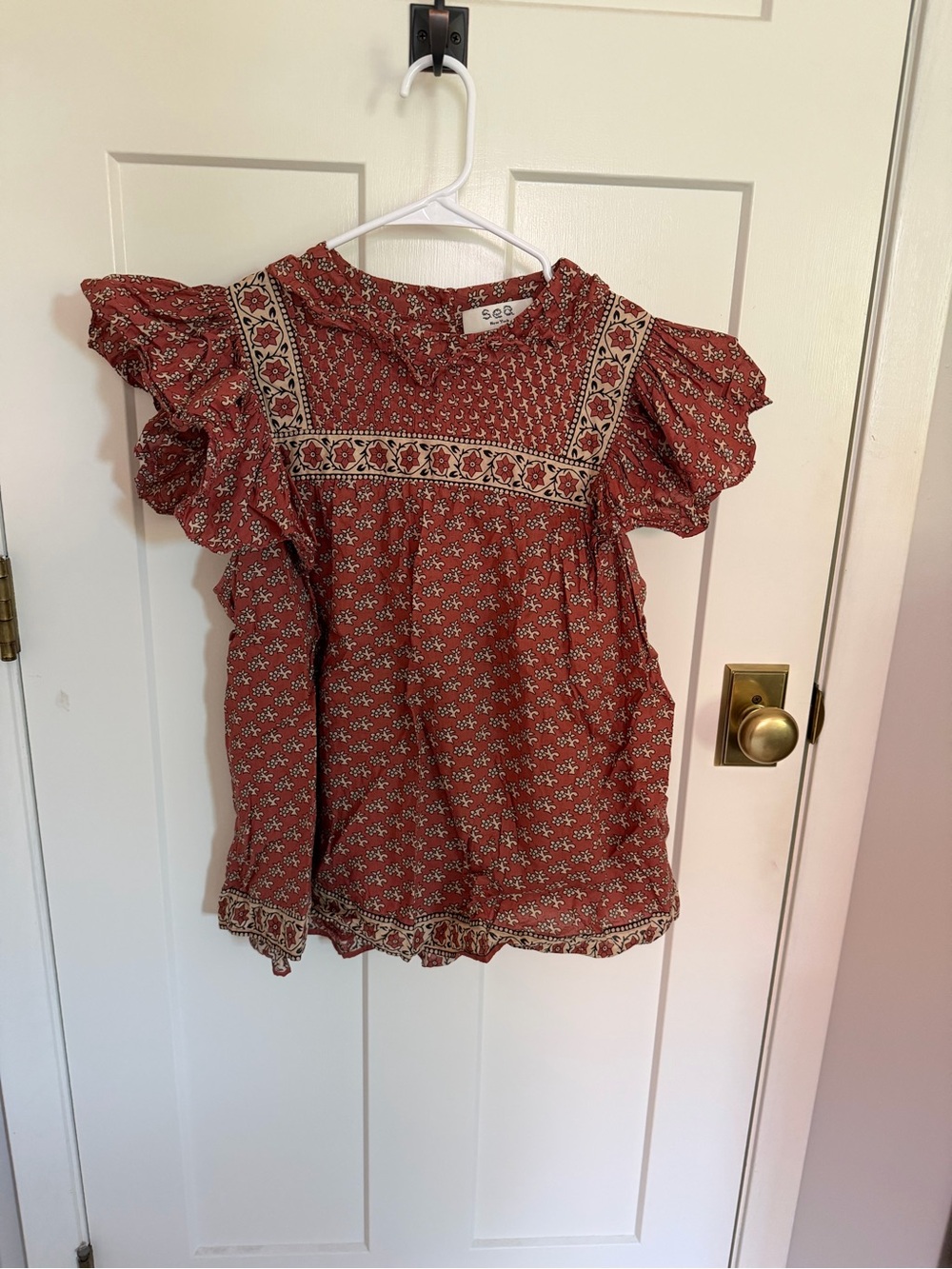 Sea Brick Clay Red Floral Ruffle Sleeve Blouse